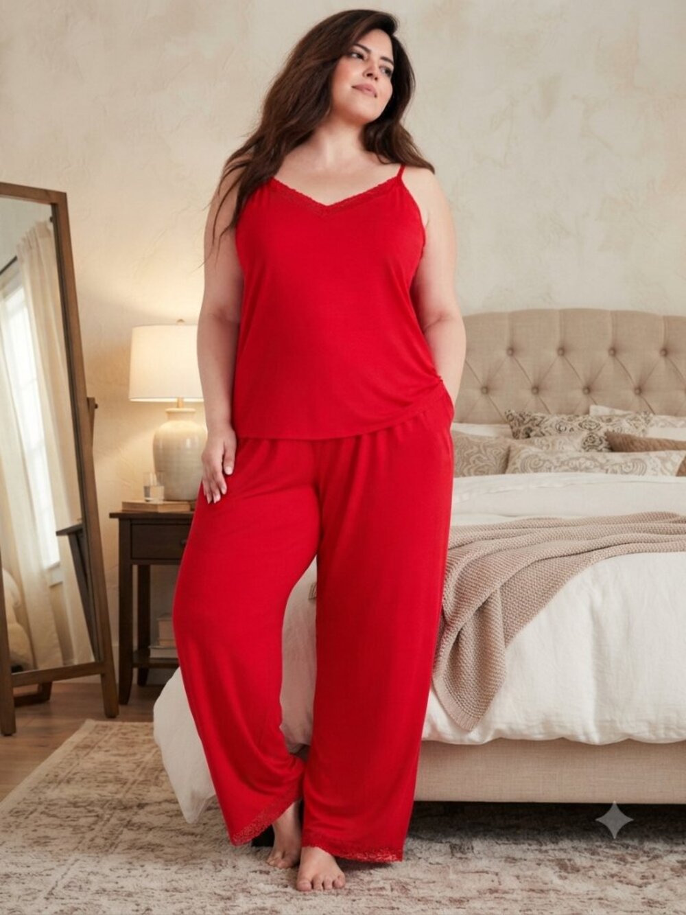 Macy's State Of Day Plus Women's Lace-Trim Pajama Set Tango Red Size 2X NWTS $69